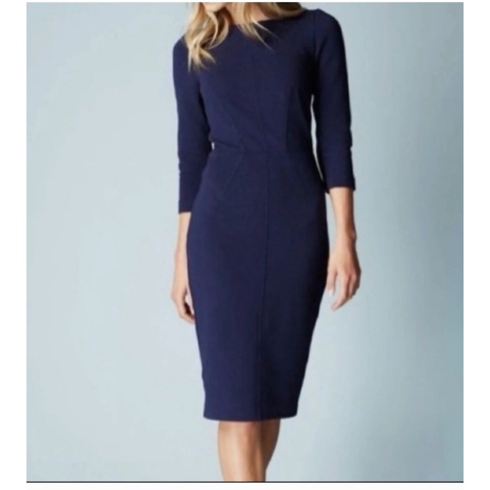 Boden Ottoman Shift Dress Navy Blue Ribbed 3/4 Sleeve Sheath Womens Size US 2R